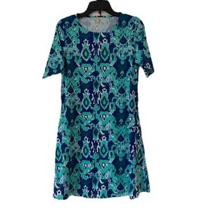 All For Color Abstract Bright Aqua Paisley Print Sun Protection Dress Size Small